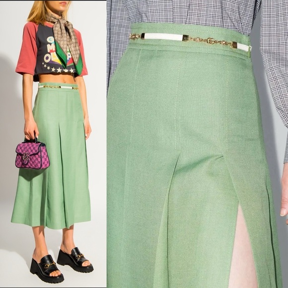 Gucci Double G Chain Pleated A-line Skirt in Light Green - Picture 1 of 17